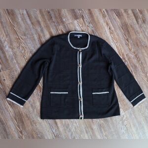 Adrianna Papell Preppy Chic Cardigan Classy Contrast Trim Cozy Sweater Black XS